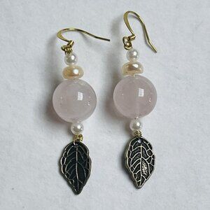Pearl Rose Quartz Skeleton Leaf Pierced Earrings Dangle Handmade Feminine